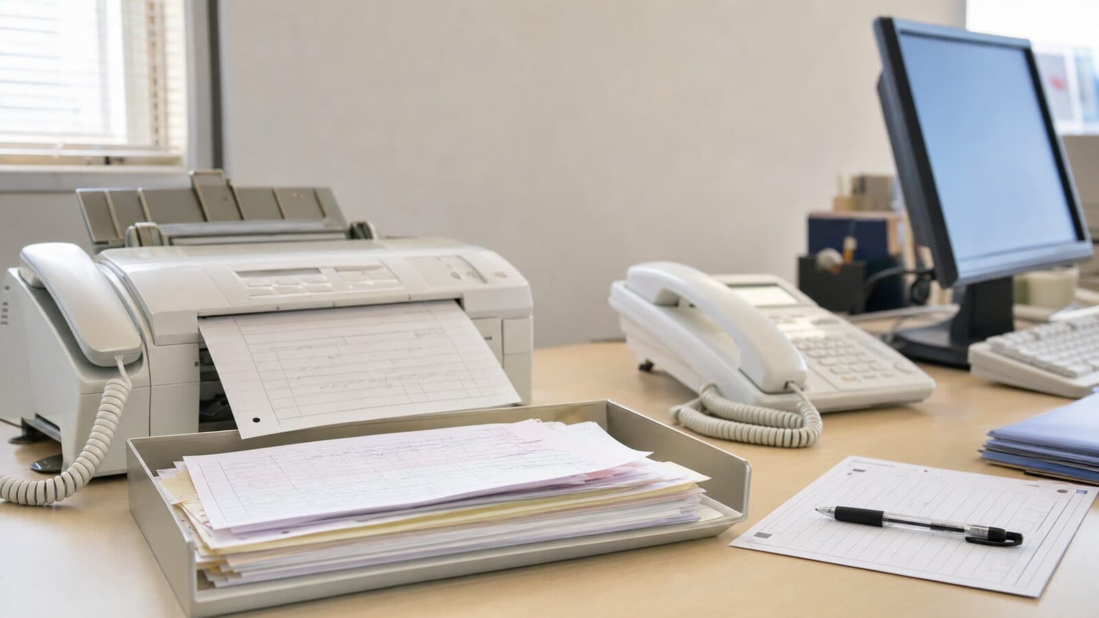 An order-processing desk at a wholesale company, with fax output and stacks of handwritten order forms